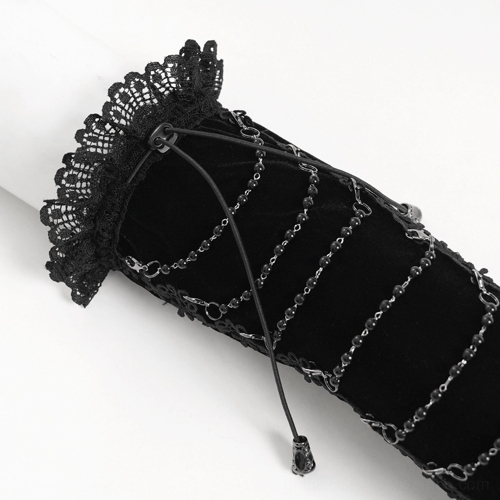 Close-up side view of gothic opera glove cuff featuring delicate lace ruffle, metal chain embellishments, and drawstring pendant accent