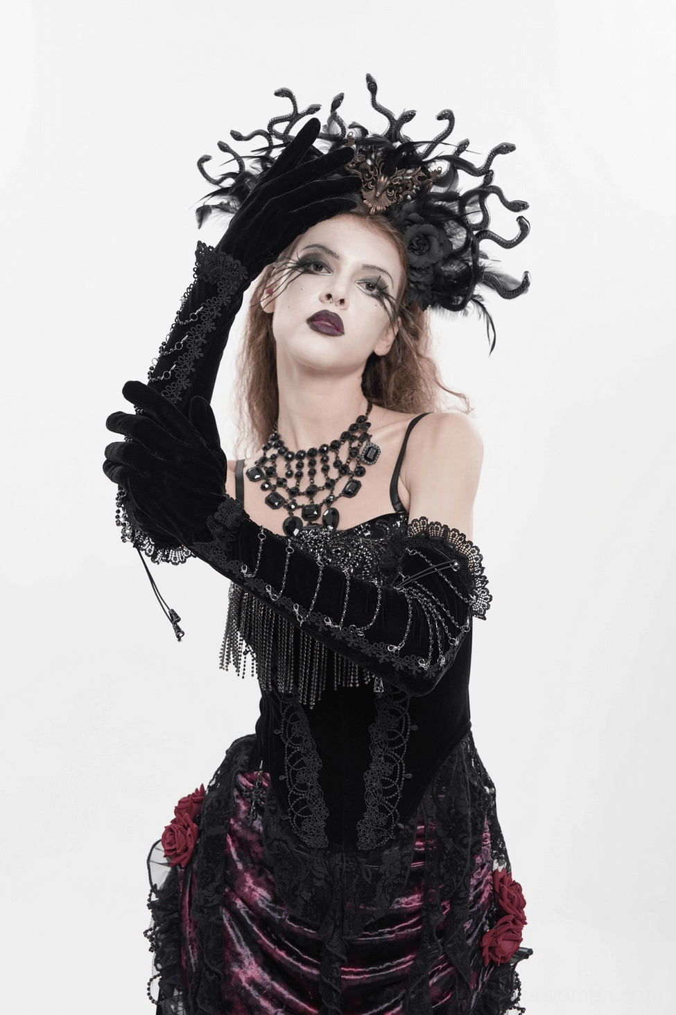 Comparison view of black gothic opera gloves showing chain hardware details, lace cuff variations, and overall design aesthetic