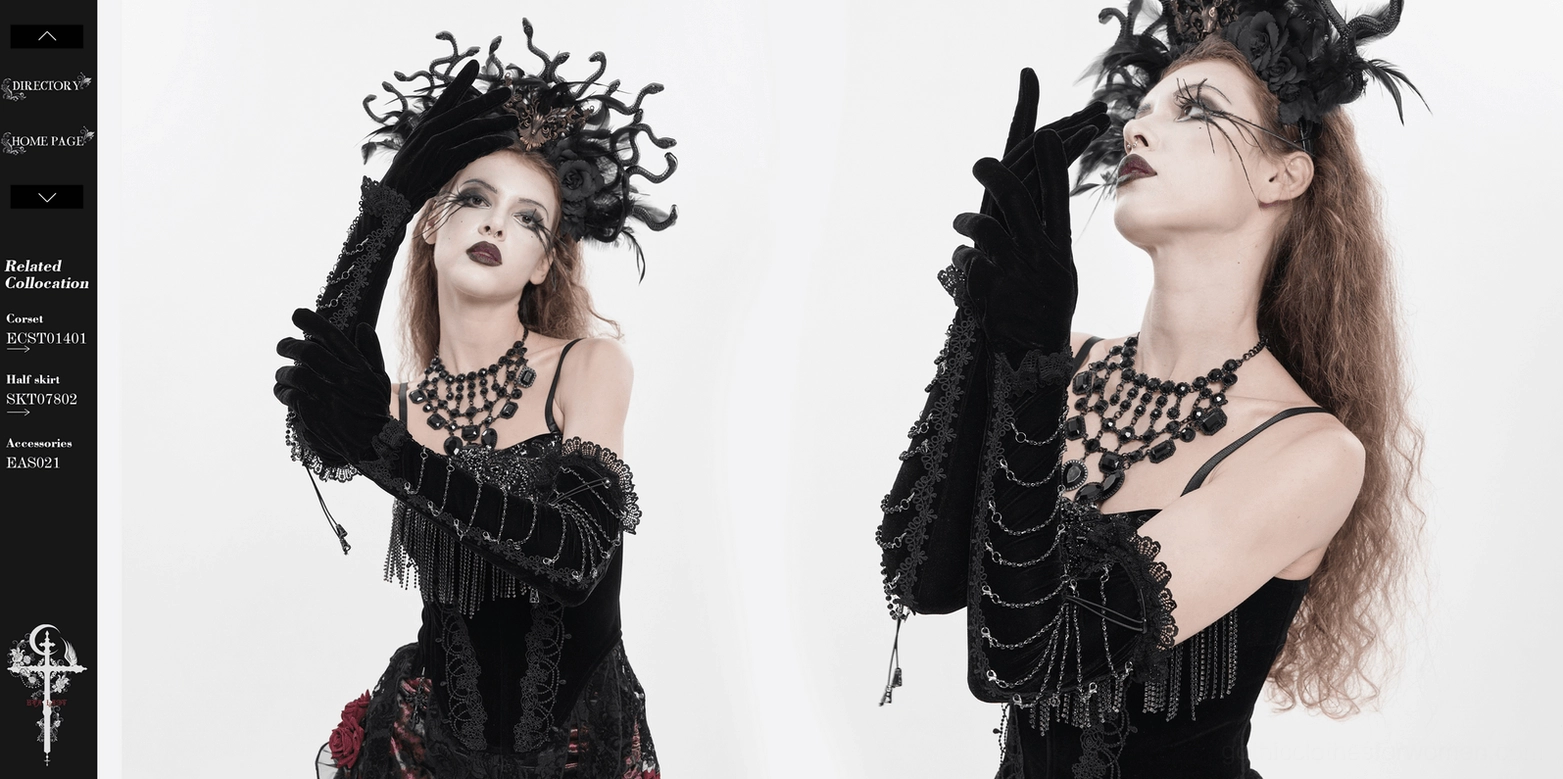 Black gothic opera gloves detail shot highlighting the premium quality chain hardware, delicate lace construction, and velvet fabric softness