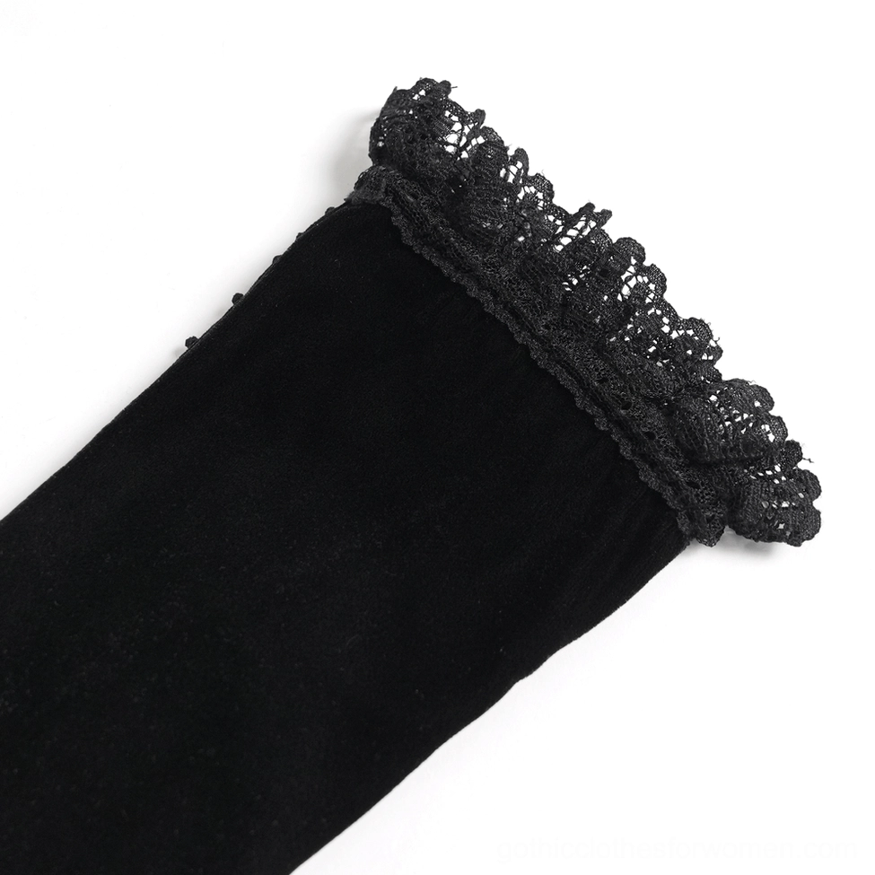 Black gothic opera gloves wearing guide showing proper fit, elbow length design, and how the chain and lace details complement the silhouette