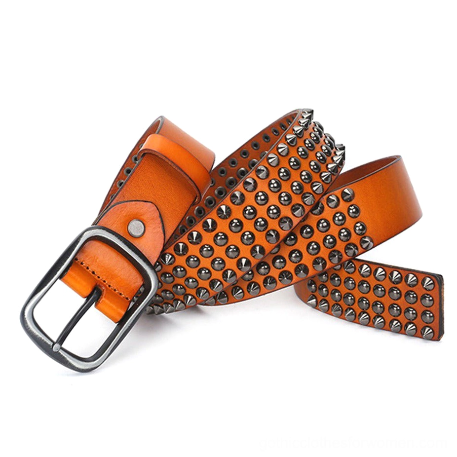 Burnt orange studded leather belt side view showcasing metal cone rivets and pin closure