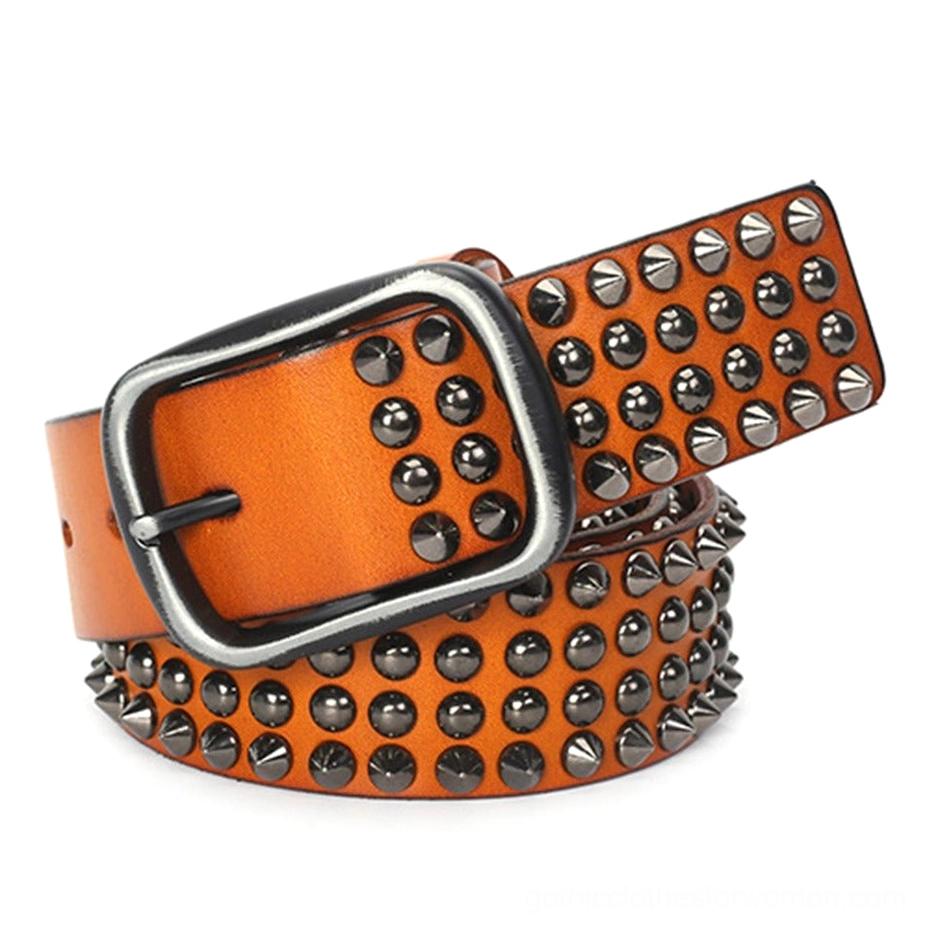 Burnt orange tan studded leather belt with industrial cone studs and metal pin buckle