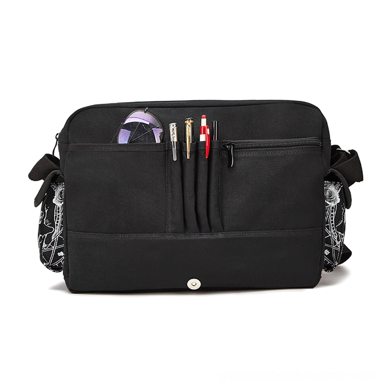Black gothic organizer handbag front view with multiple pen slots, zipper pouch and snap button closures