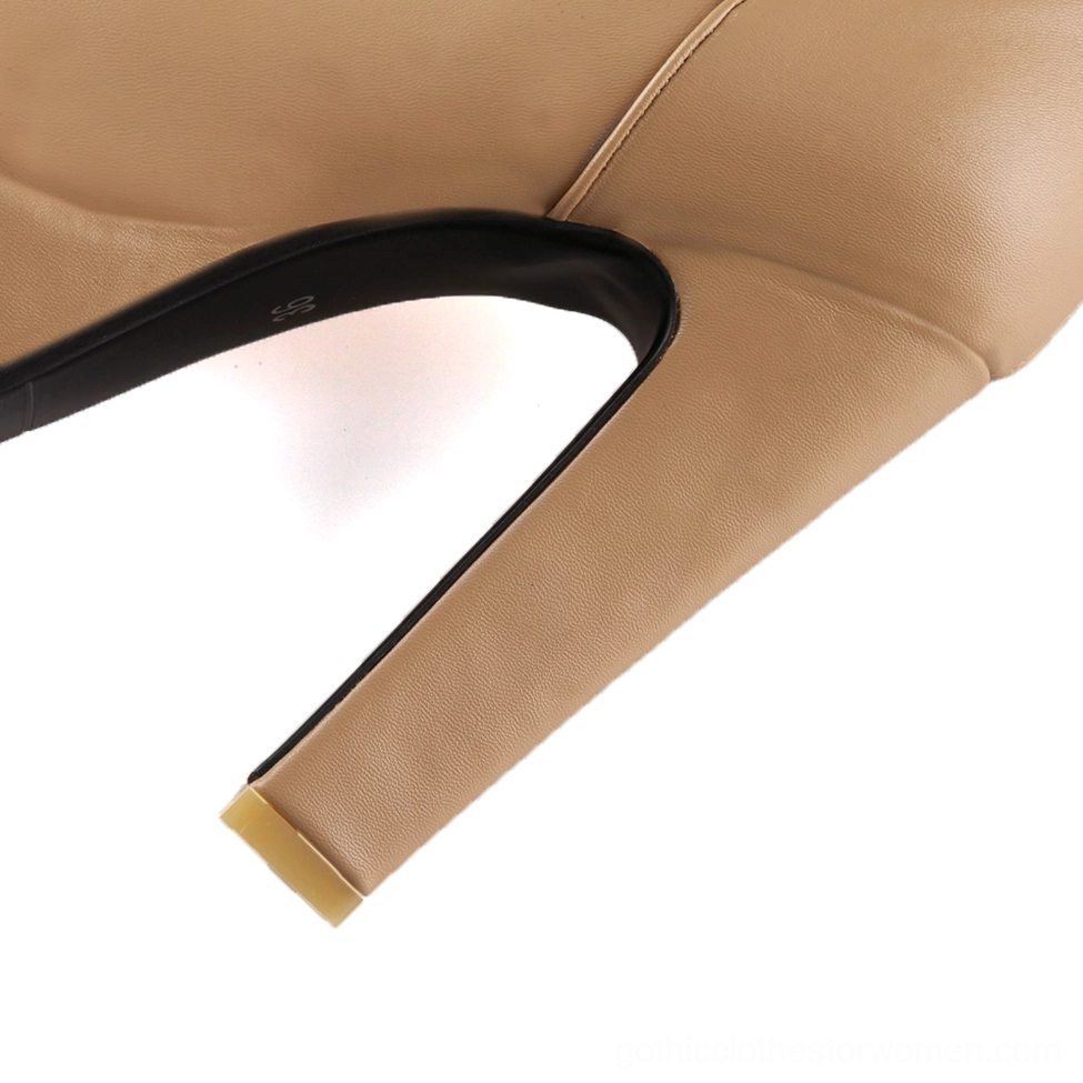 Gothic over-the-knee platform boot featuring ruched leather design and architectural square heel silhouette