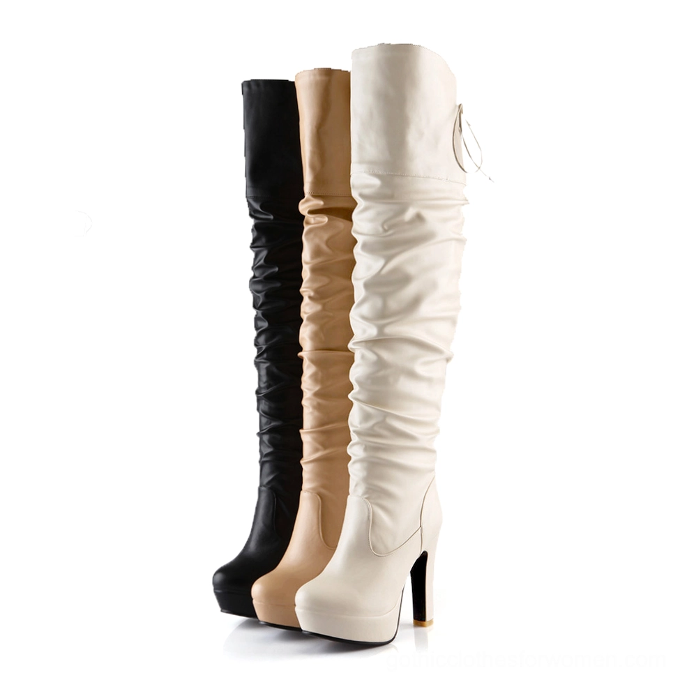 Three-color gothic over-the-knee boot collection: black, caramel tan, and ivory, front display trio