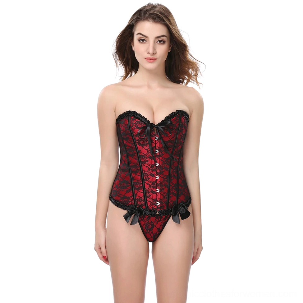 Gothic overbust corset featuring delicate lace construction, boned silhouette support, and steampunk-inspired ribbon back closure system