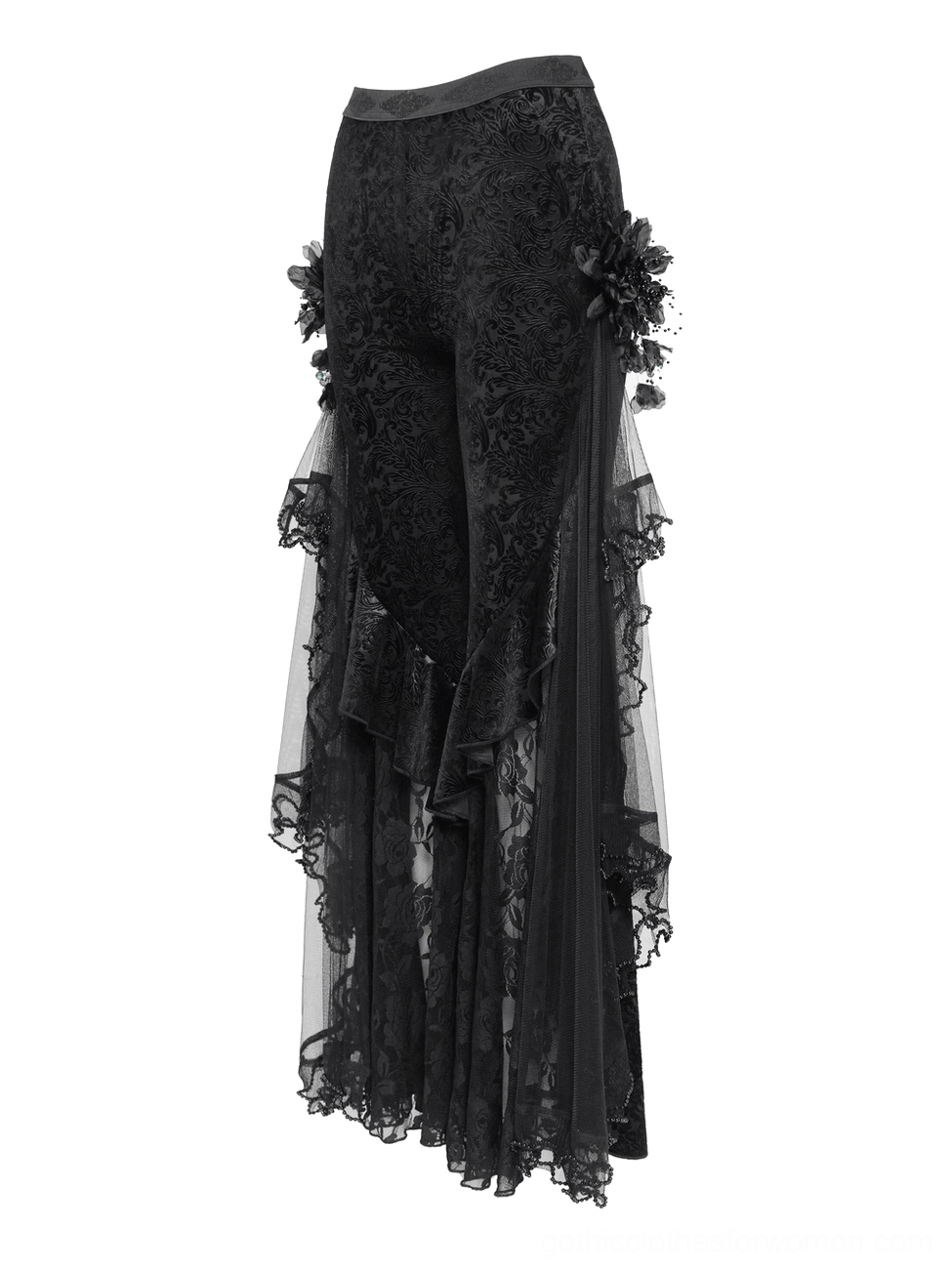 Gothic wide leg palazzo trousers side three-quarter flat lay view with asymmetrical mesh ruffled train detail
