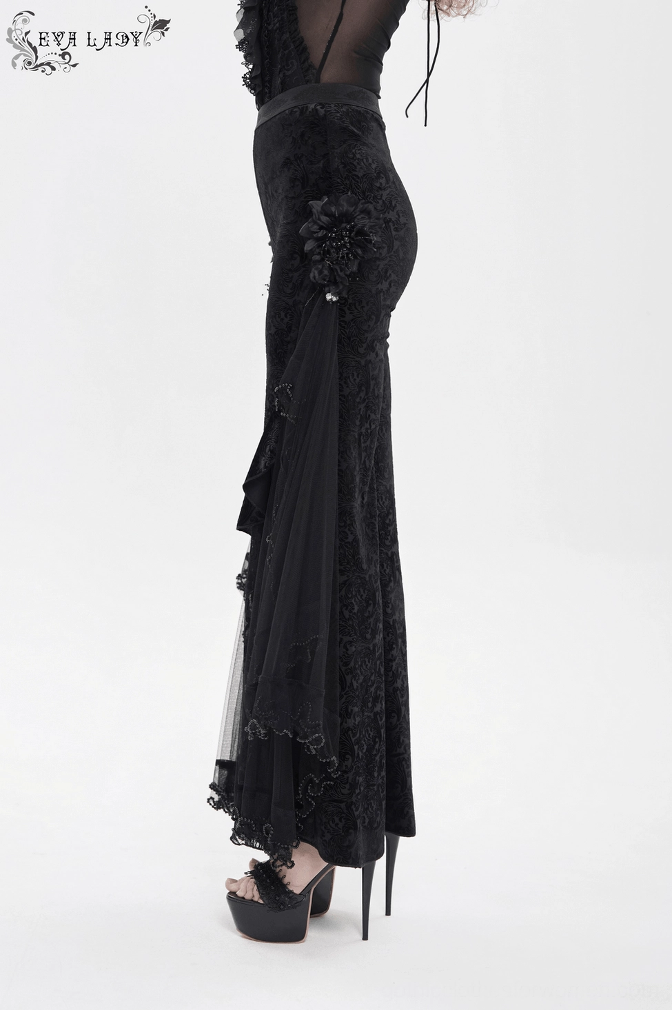Gothic palazzo trousers sizing and proportion detail showcasing high waist fit and leg opening width