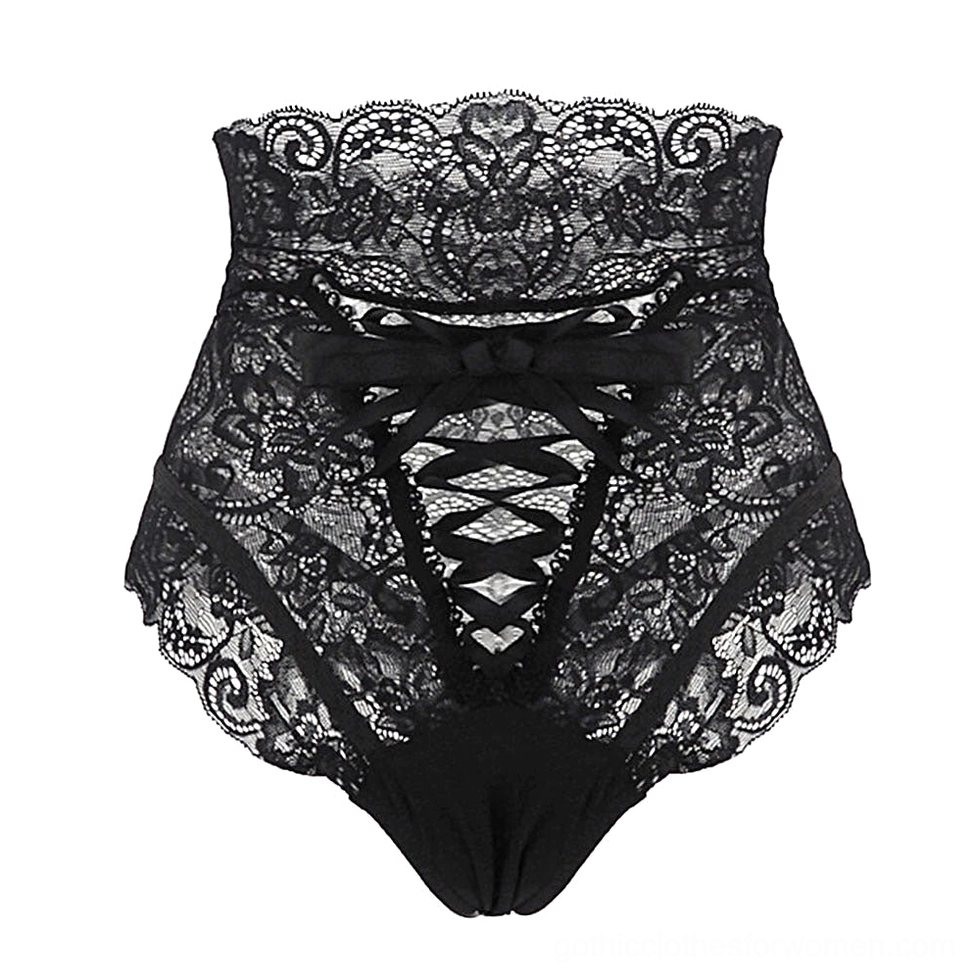 Black high-waisted lace briefs flat lay featuring front bow and lace-up hollow design with scalloped edges