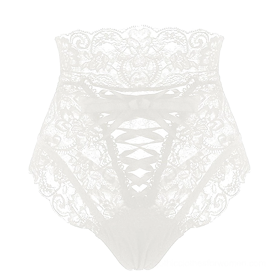 White high-waisted gothic lace panties with scalloped lace edges and lace-up hollow front design
