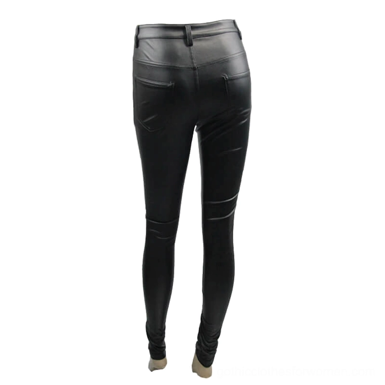 Rear view of black PU leather gothic pants on mannequin showing back pocket detail and sleek fitted cut