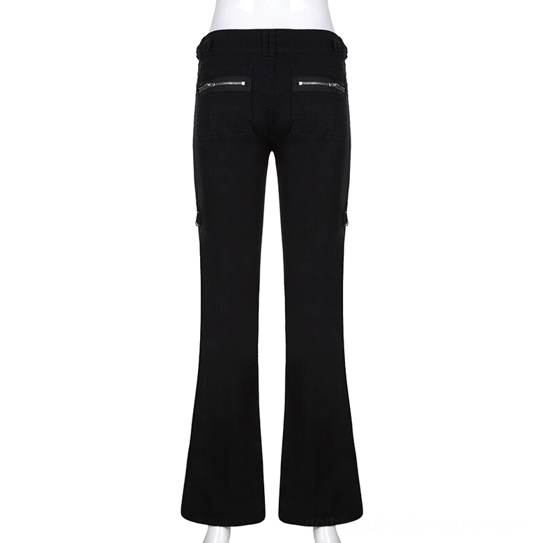 Black alternative flared pants rear full view with dual back zipper pockets and hardware