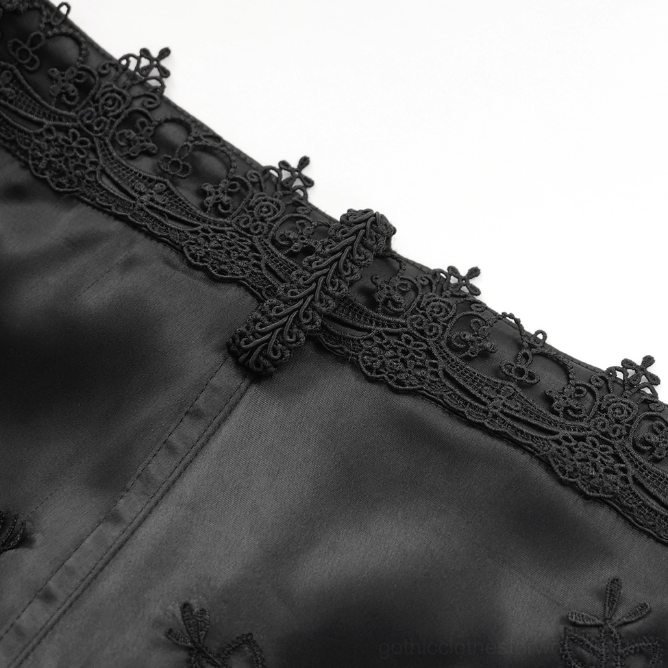 Waist fastener and Baroque-style black lace decoration detail on high-waisted gothic bell-bottom pants