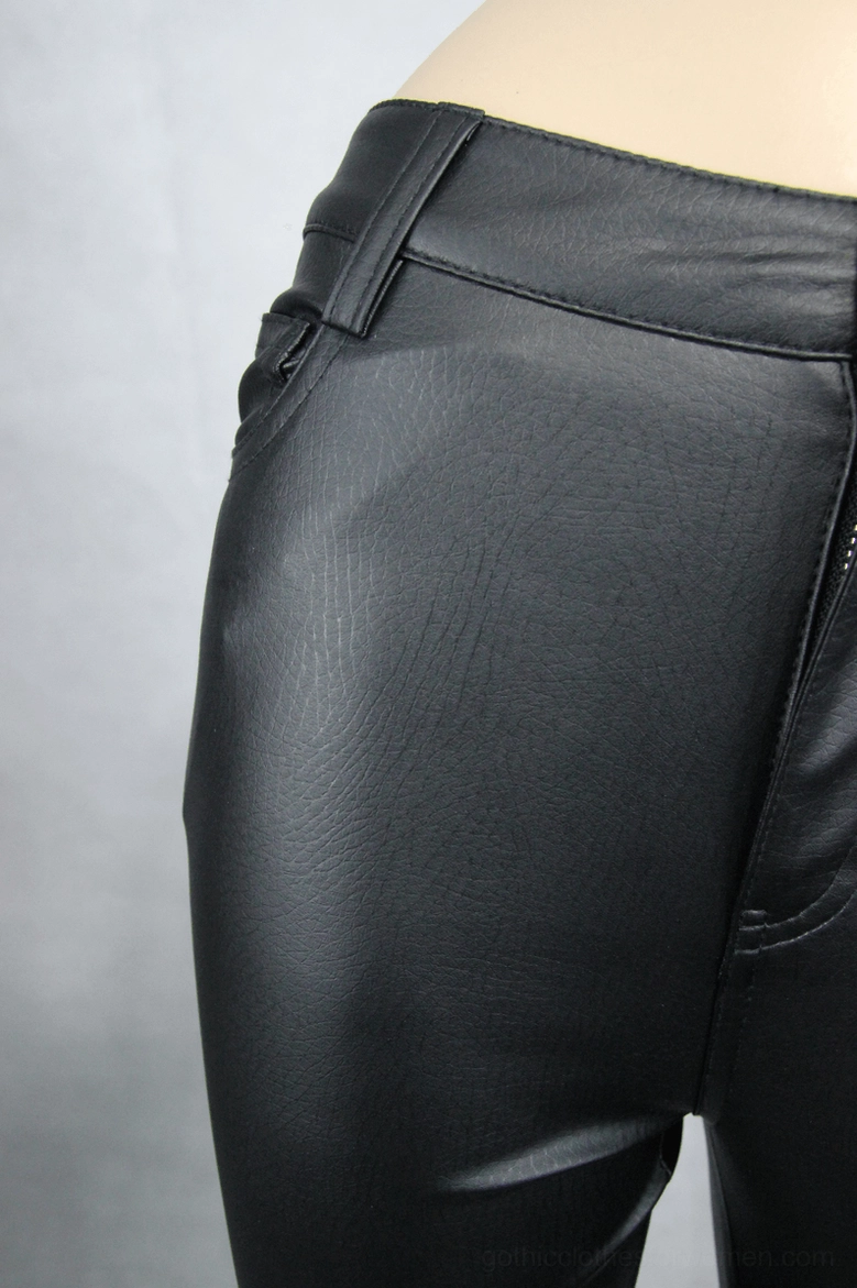 Side waist detail of black leather gothic pants showing belt loops, side pocket, and matte leather texture