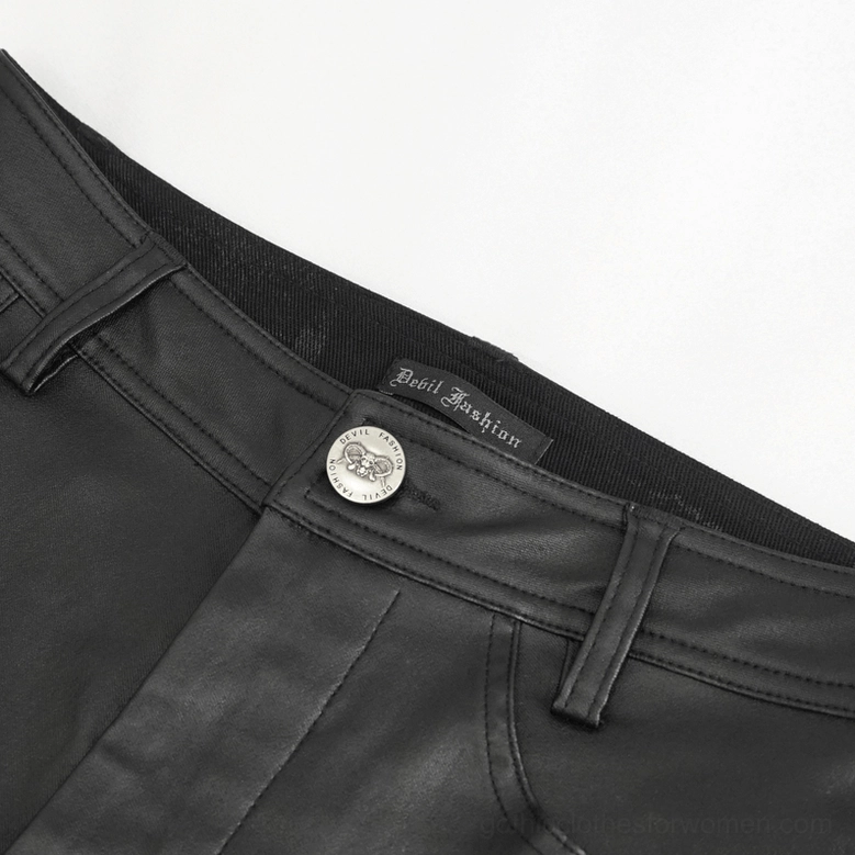 Black gothic pants waistband close-up, showing metal branded button, belt loops, and faux leather material detail