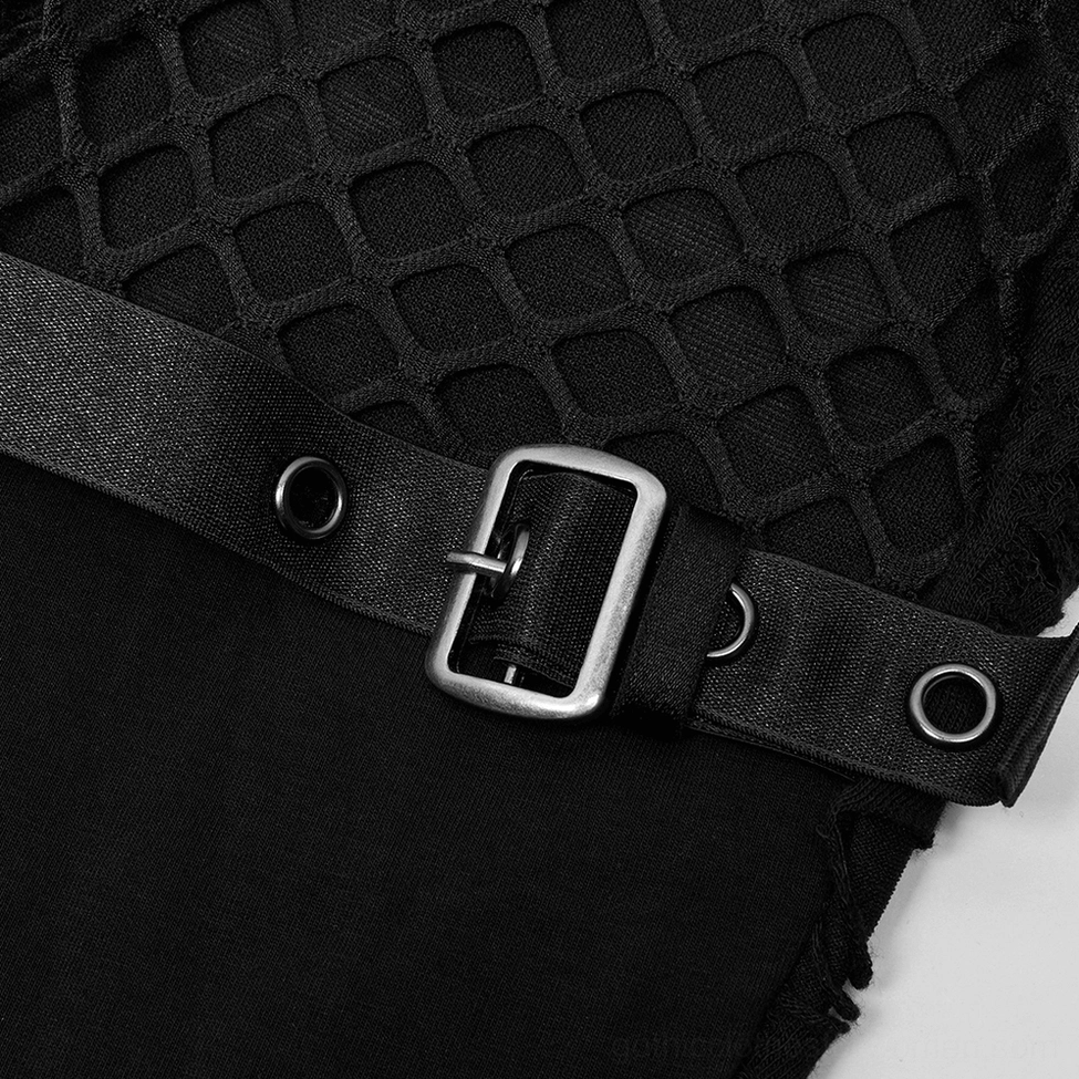 Close-up detail of silver metal buckle strap and black fishnet mesh panel on gothic pants
