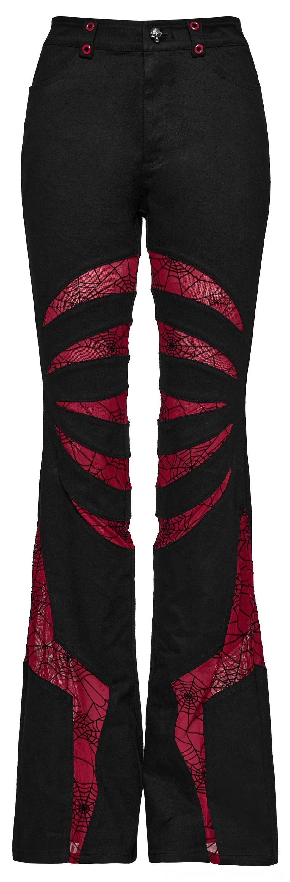 Flat lay view black gothic pants red spiderweb mesh button fly closure detail