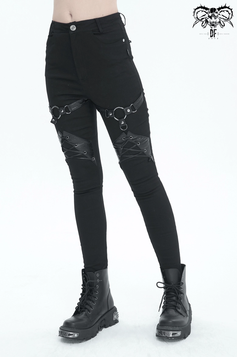 Black punk gothic trousers complete garment display showing all design elements and construction quality