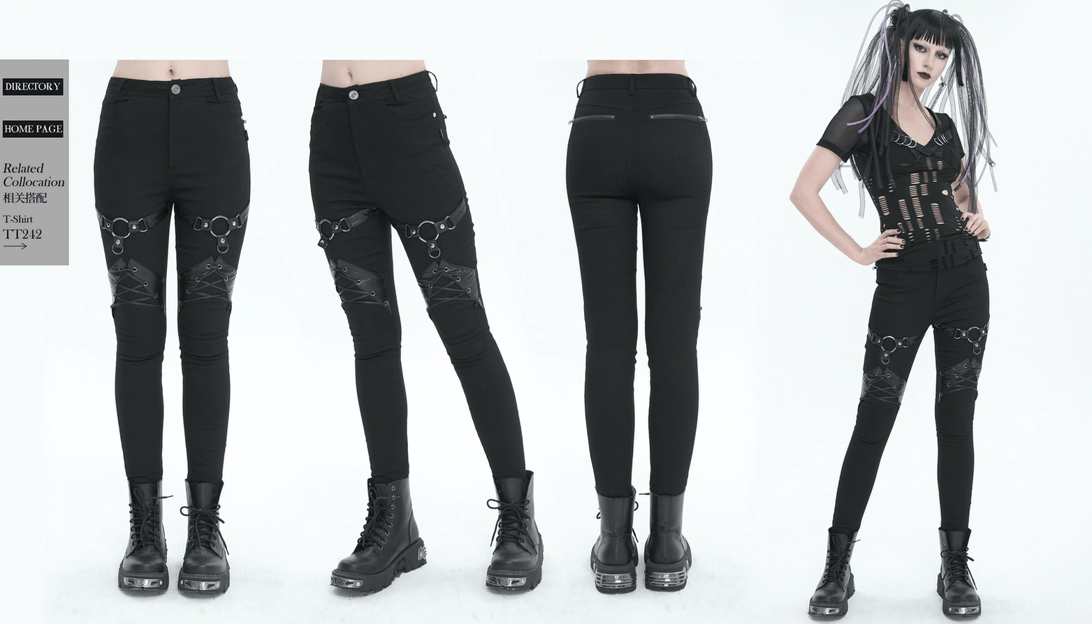 Complete black gothic slim-fit pants product presentation showcasing all alternative fashion details