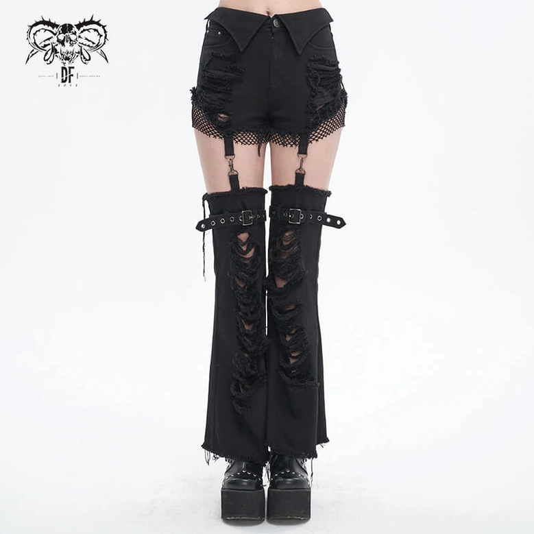 Alternative fashion flared pants construction - showing webbing attachments and stitch detail