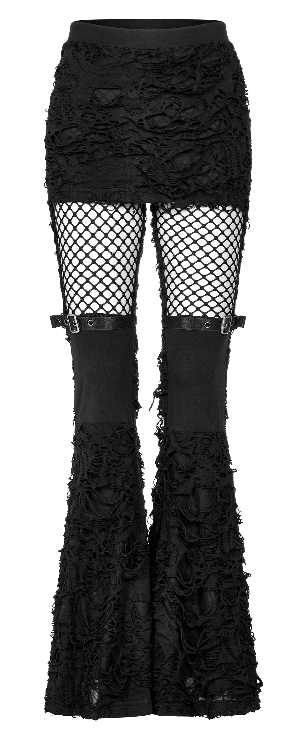 Gothic black flare pants front detail showing distressed fabric, fishnet mesh panels, and mini skirt attachment