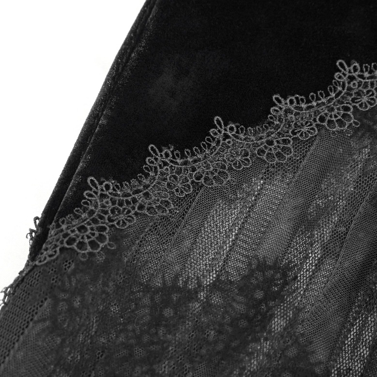 Close-up fabric detail showing velvet and sheer mesh transition with embroidered lace trim