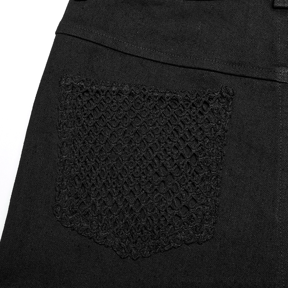 Black gothic pants fishnet back pocket panel with stitched edge detail close-up