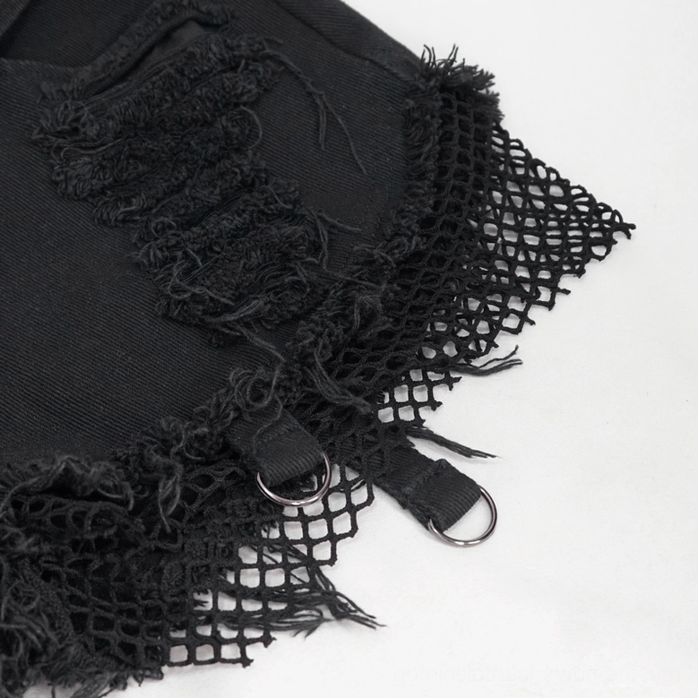 Black fishnet trim on gothic flared pants shorts hem - close-up showing D-ring and frayed binding