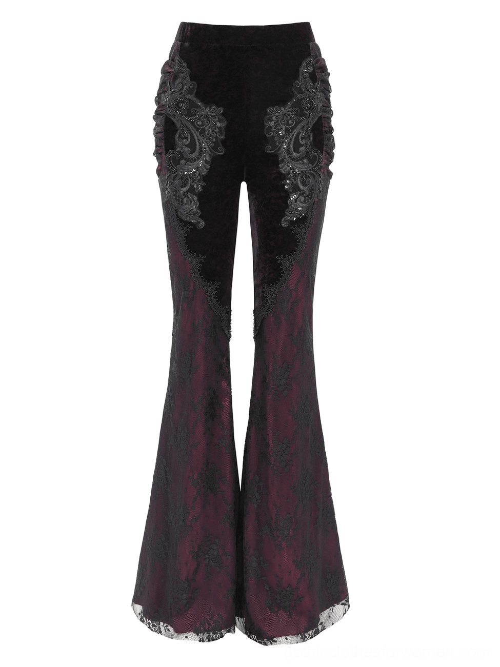 Front flat lay of gothic lace velvet flare pants showing hip embroidery appliqué and two-tone black-burgundy construction