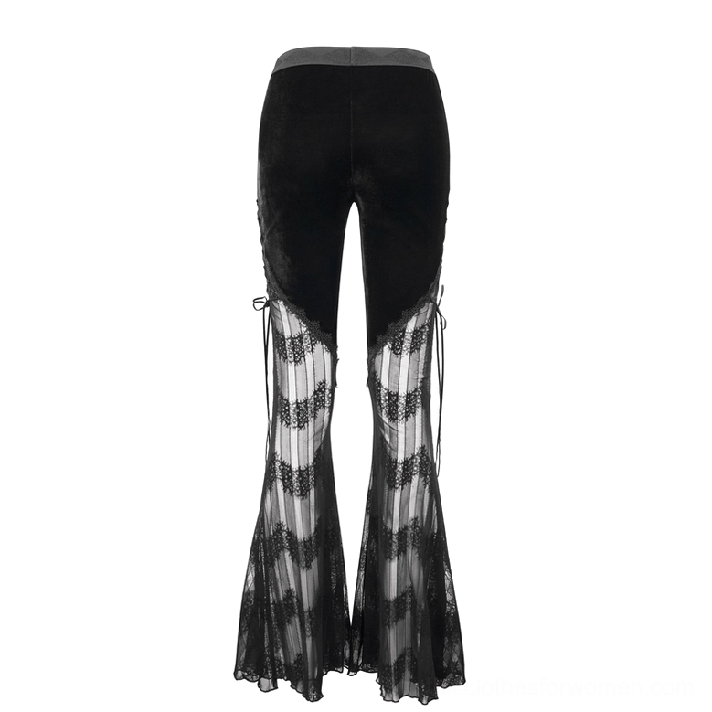 Black velvet mesh flared pants flat lay showing lace-up side detail and flared hem