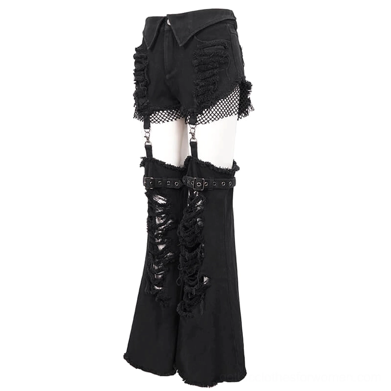 Deconstructed gothic flared pants set - left rear angle showing frayed denim edges and leg warmers
