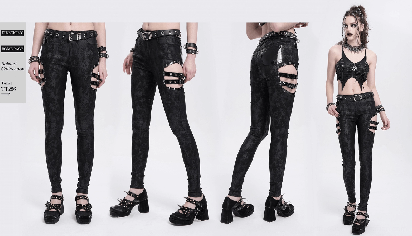 Full-length gothic pants product view showing slim silhouette and architectural buckle system