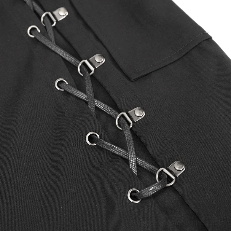 Hollow-out side lace-up detail on gothic pants showing leather lace straps metal eyelet fasteners and decorative rope lacing