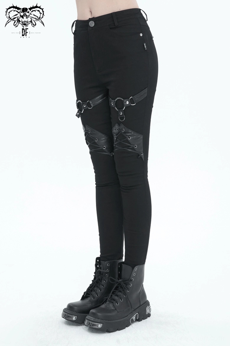 Black gothic slim-fit pants detail shot emphasizing lace-up knee details and lacing construction