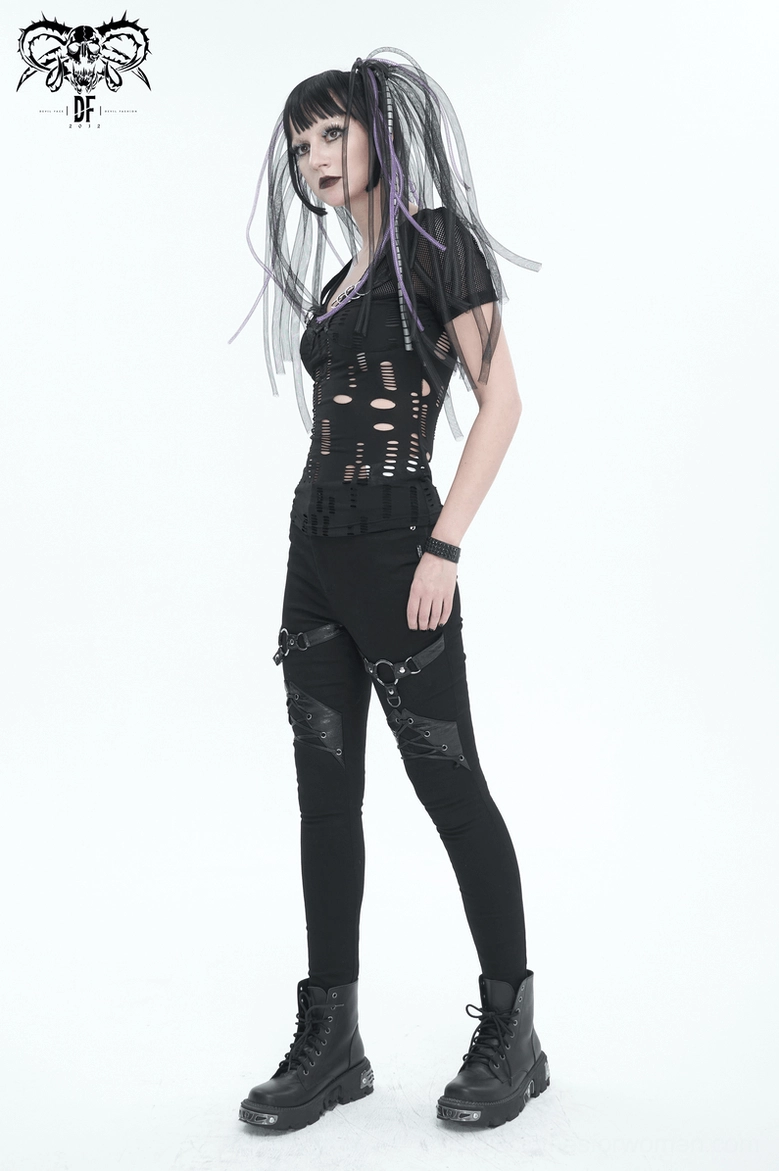 Black slim-fit gothic pants thigh and leg opening area showing O-ring placement and fit precision