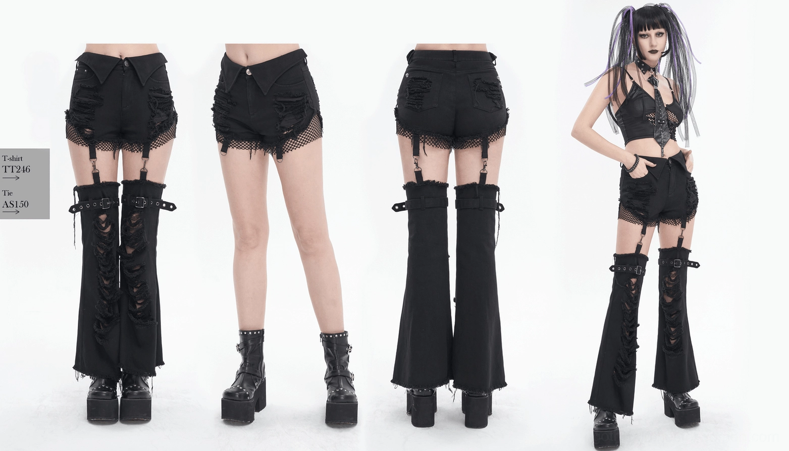 Removable leg warmers detail - black denim construction with metal hardware and attachment system