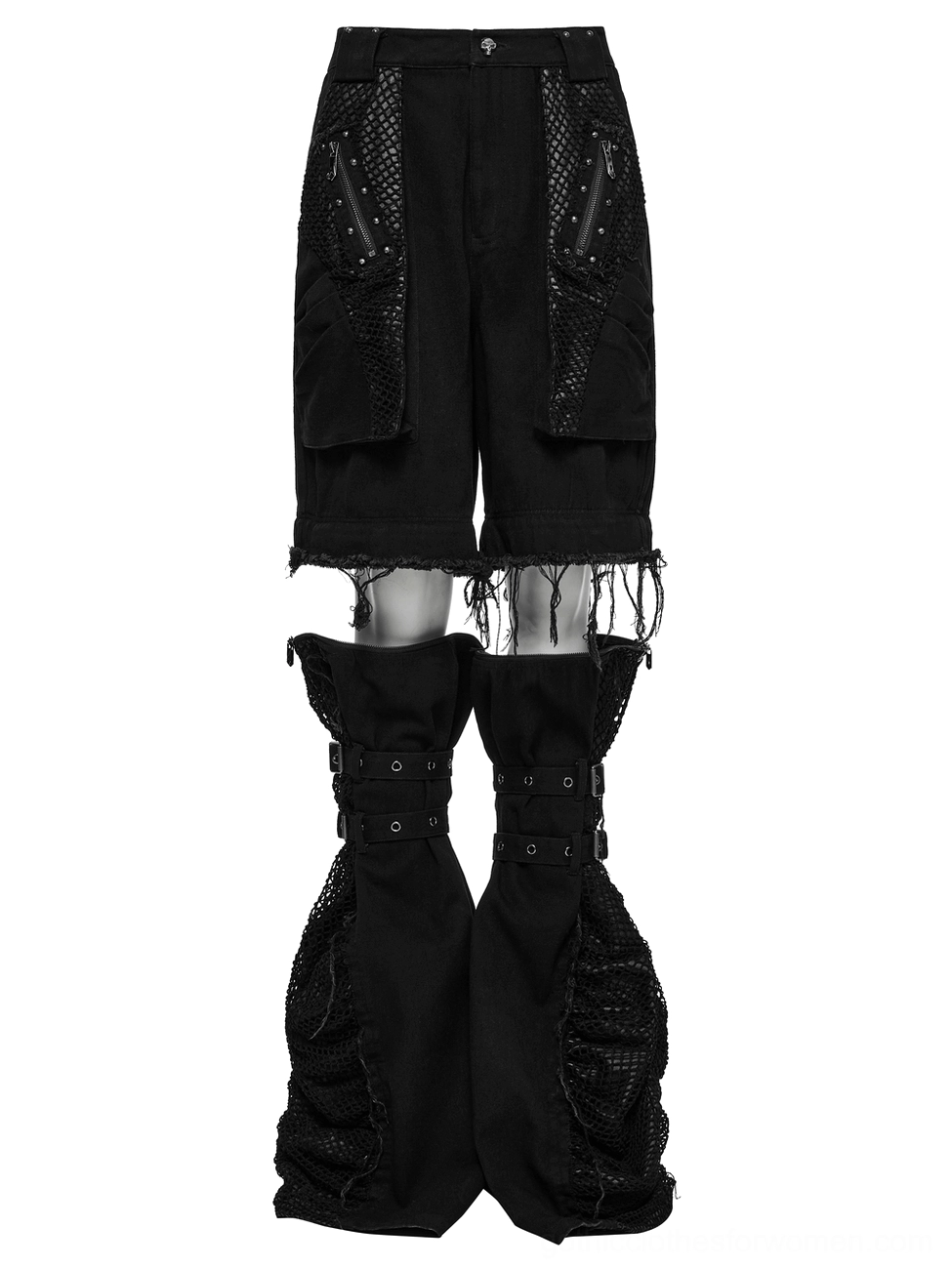Black gothic cargo pants with studded mesh pocket details and zippered sections, flat lay