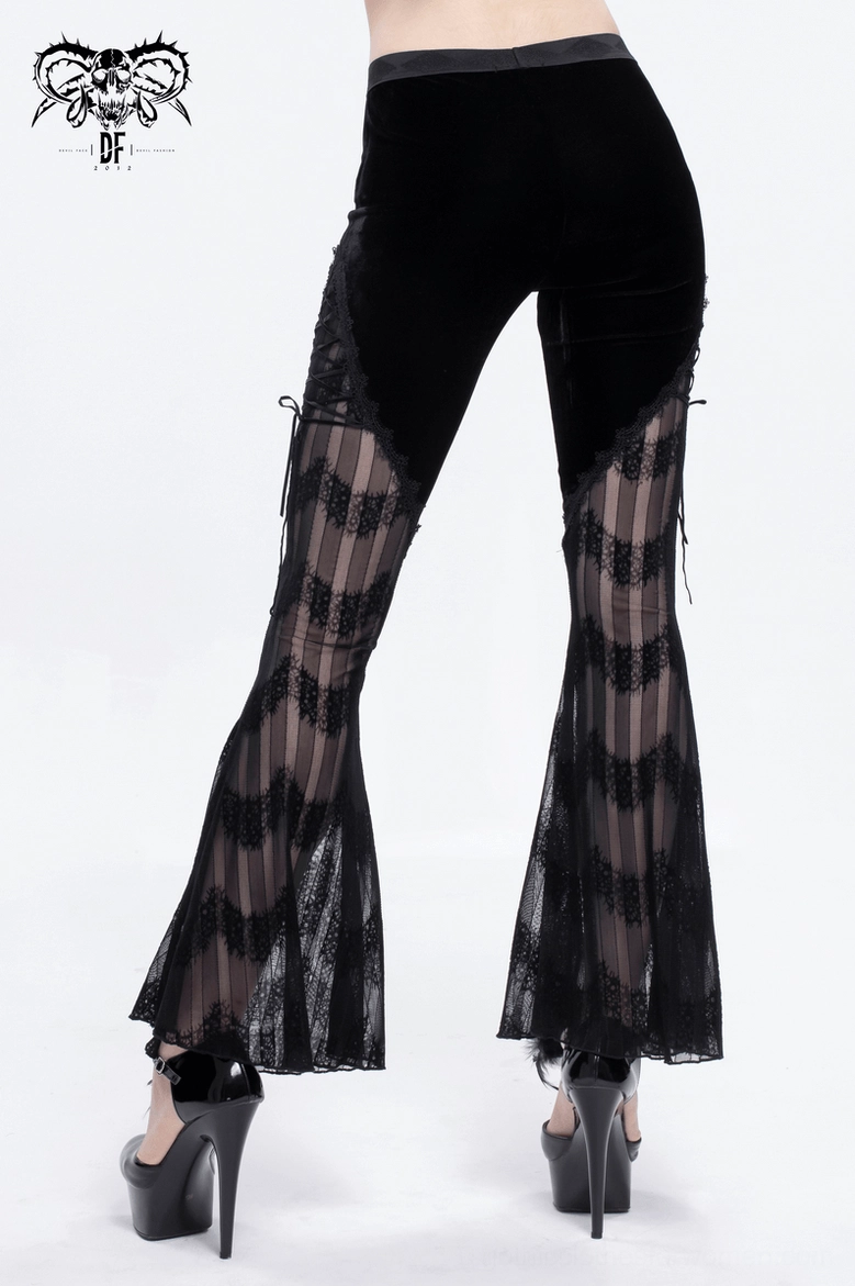 Gothic pants detail view showing mesh lace splice design and flared leg construction