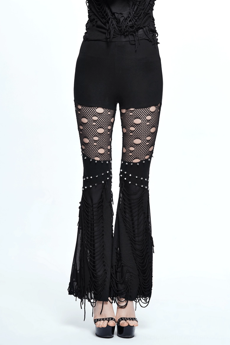 Textured metal stud and stretch fabric detail on black gothic pants