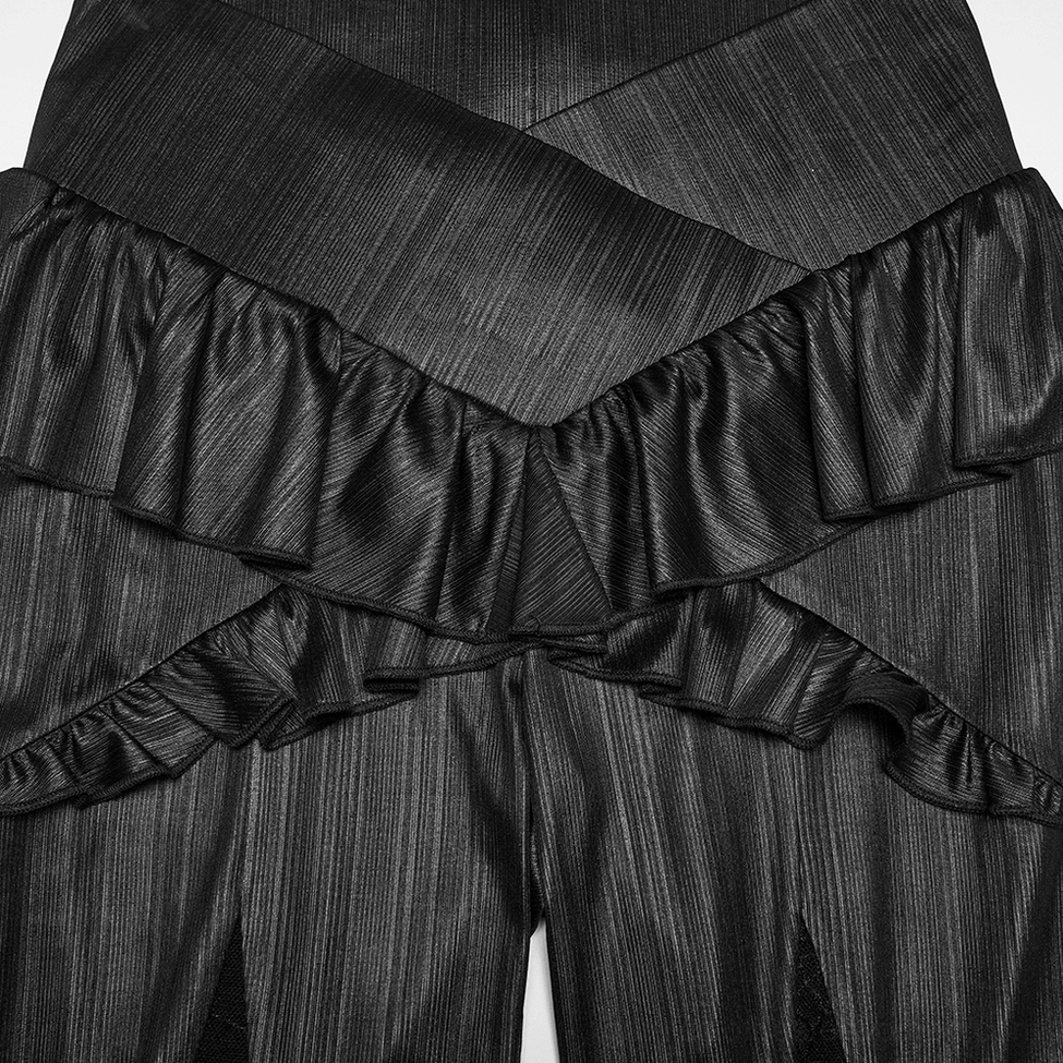 Gothic pants waist detailed close-up flat lay showing multi-layer ruffle, cross wrap waist construction, and striped fabric texture