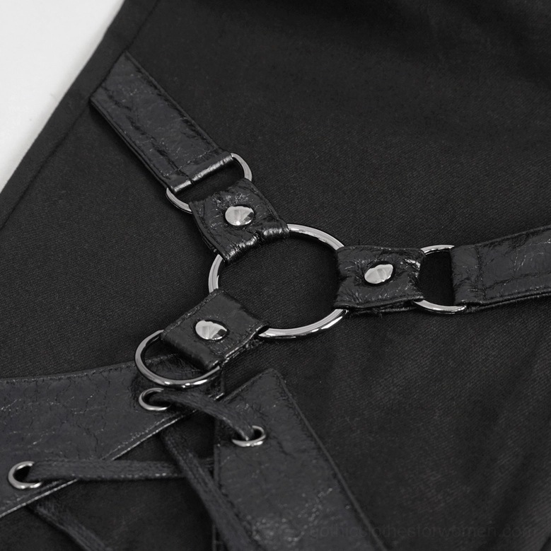 Multiple angle view of black gothic pants highlighting industrial O-ring aesthetic and punk styling
