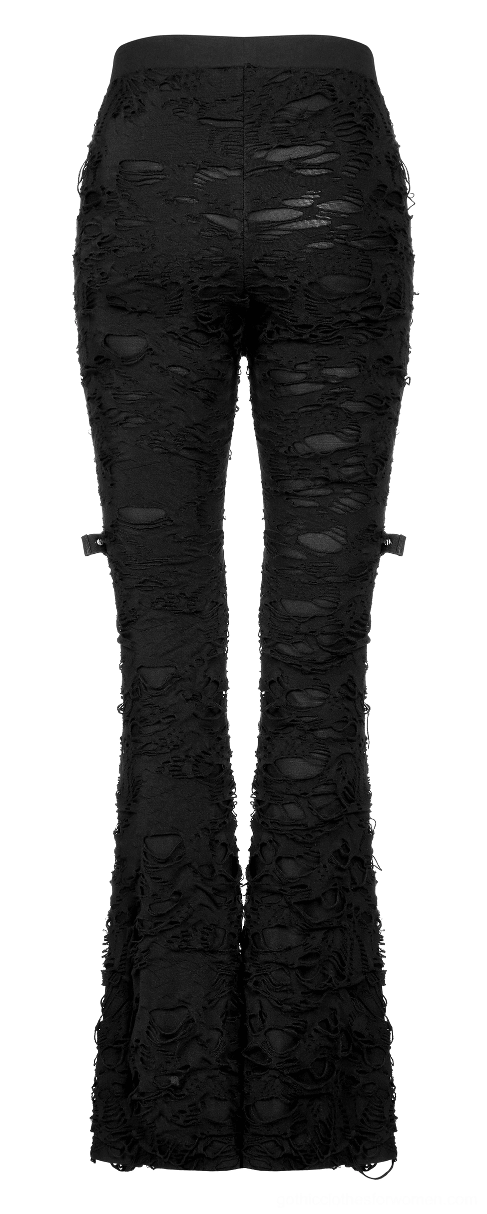 Black gothic flare pants rear detail showing high-waisted cut and distressed frayed fabric edges
