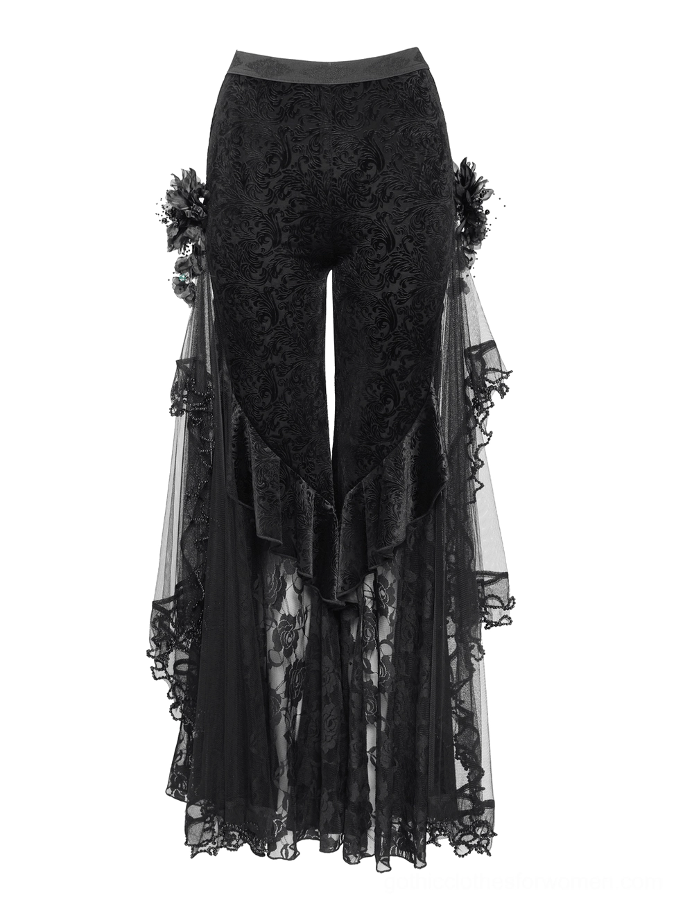 Black gothic flocked pants rear flat lay view showcasing high waistband and dual side flower decorations