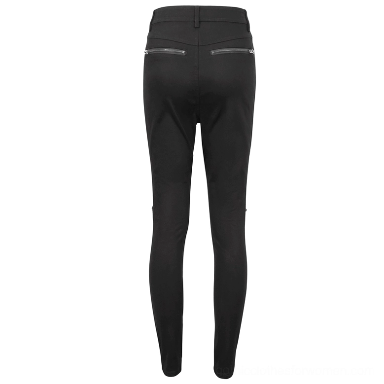 Rear full view of black gothic slim-fit trousers displaying dual zippered pockets and tailored construction