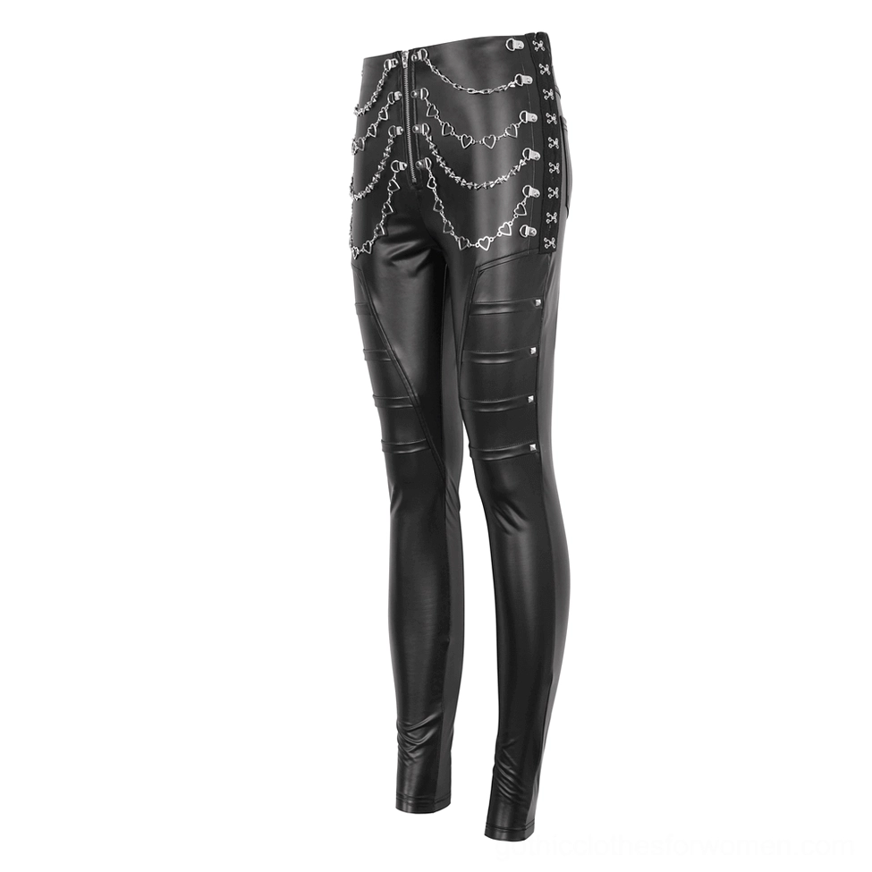 Black gothic faux leather pants rear three-quarter view with studded side chain details