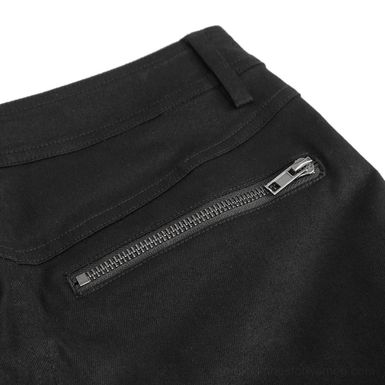 Detailed close-up of black metal zipper on rear pocket of gothic slim-fit trousers