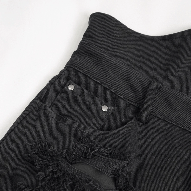 Detachable leg warmers for gothic flared pants - black denim with frayed edges and metal rivets