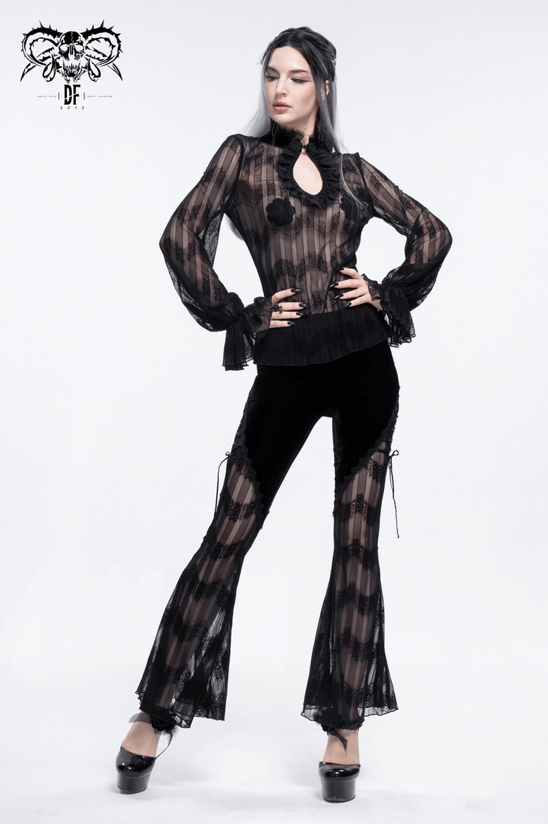 Close-up of gothic pants side lace-up showing ribbon detailing and lace trim construction
