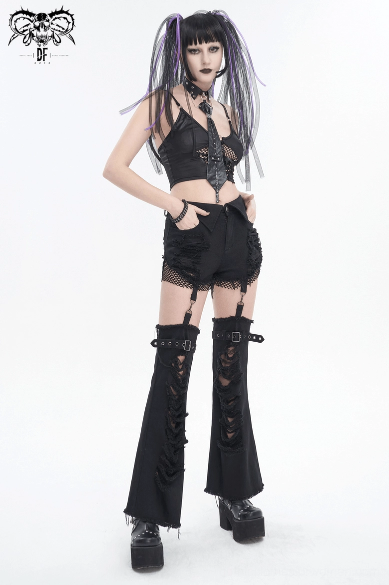 Black gothic distressed flared pants detail shot - showing ripped seams and frayed fabric edges