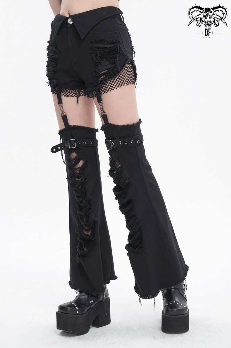 Gothic flared pants shorts mode - detached leg warmers showing transformed hot pants silhouette